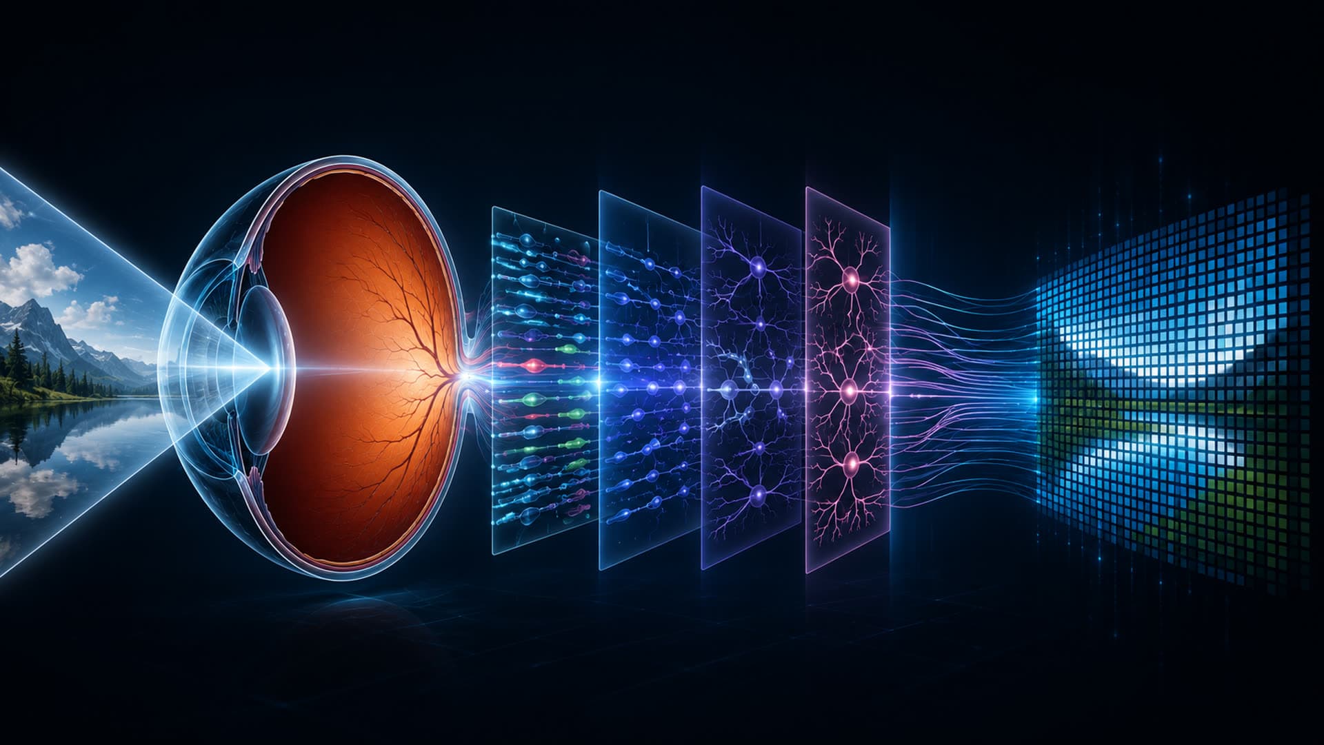 Conceptual diagram of the Digital Retina pipeline — light enters a stylised eye, passes through translucent layers of neural circuitry rendered as cooperative neuron sheets in different colours, emerges as a reconstructed pixel grid.